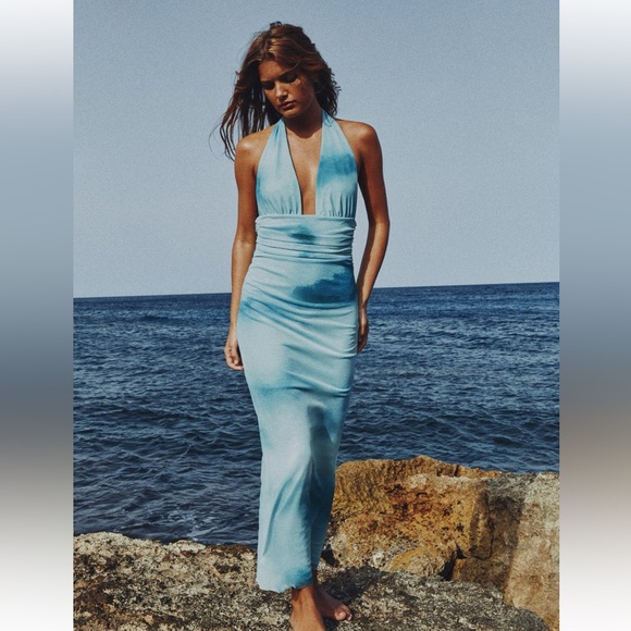 ZARA NEW WOMAN SS24 GREENS PRINTED TULLE HALTER DRESS - Picture 7 of 15